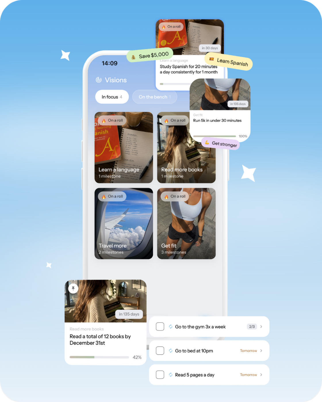 The Envisioned app showing visions with photos, milestones and daily actions