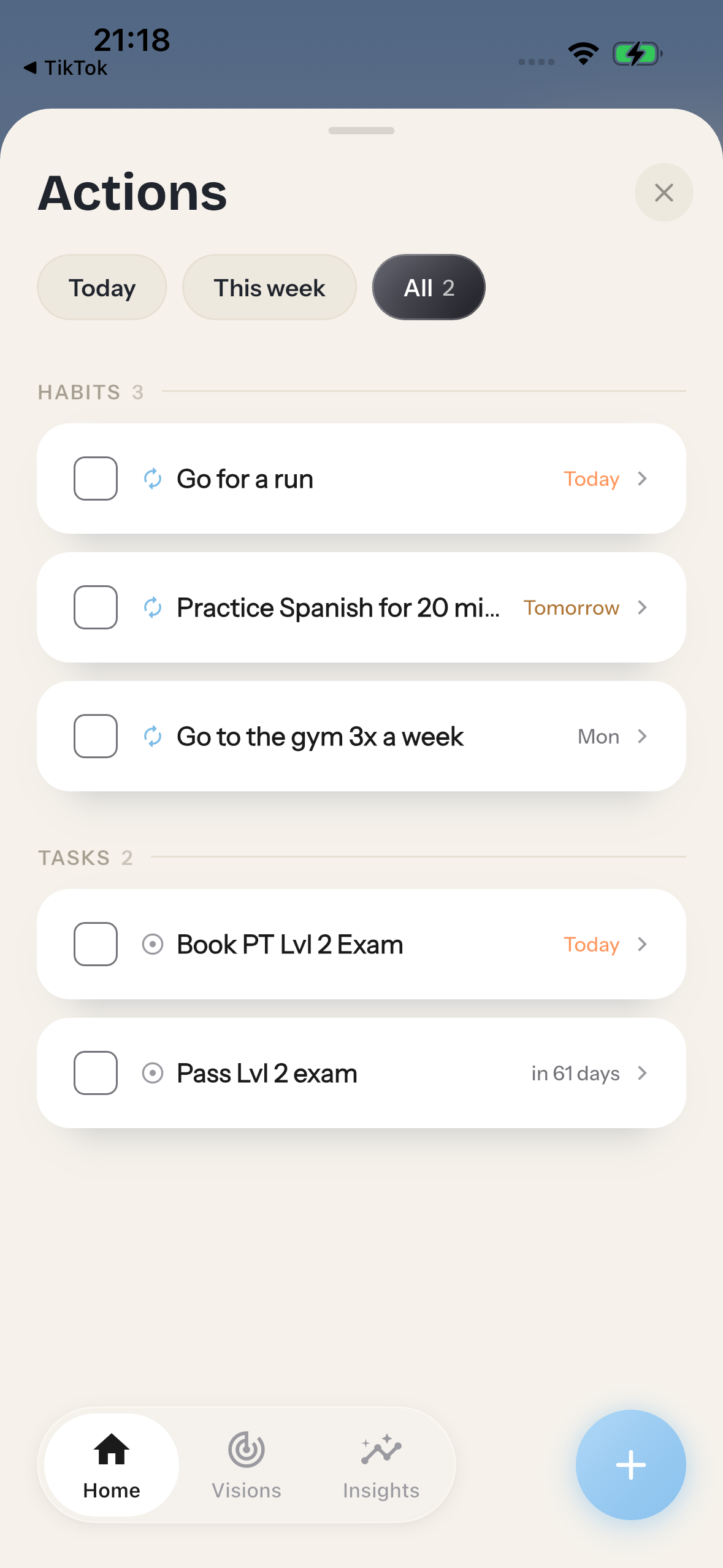 Actions screen